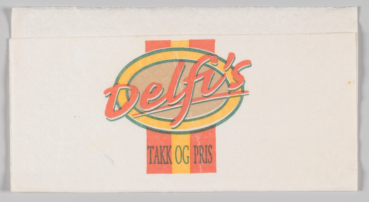 Et ovalt skilt med reklametekst for Delfi`s (ukjent produktnavn).