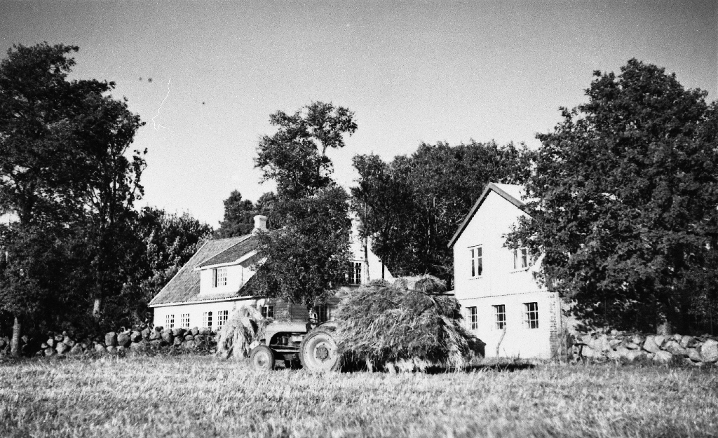 Heimahus og uthus på garden til Nils Njå, Njå bnr. 1. I framgrunnen traktor med høysvans. Biletet er teke av Olav Njå i slutten av 1950 åra.