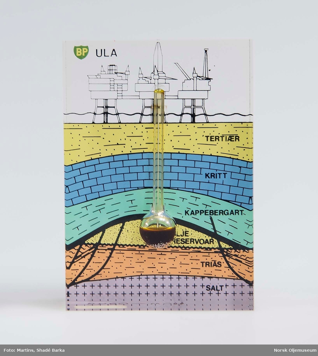 Oljeprøve i pleksiglass. I tilknytning til oljeprøve fra feltet Ula vises lagdelingen i jordskorpen.