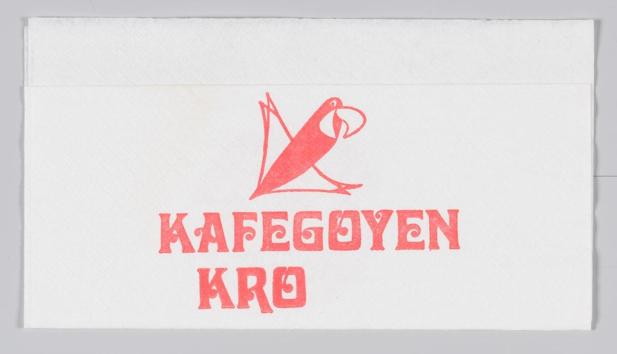 En smilende papegøye og to barn i en trestammebåt og en reklametekst for Kafegøyen Kro i Dyreparken i Kristiansand.

1969 åpner Kafegøyen Kro i Dyreparken i Kristiansand.