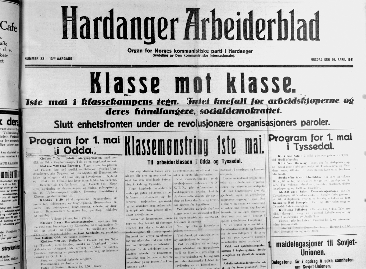 Avis-opprop i Hardanger Arbeiderblad 24.april 1931.