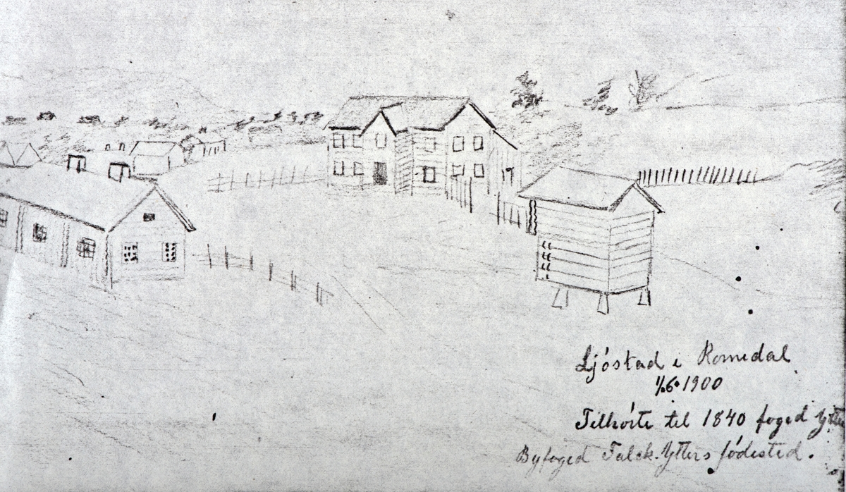 Ljøstad gård, Romedal. Tegning utført av Thea Falck-Ytter, 1900. Byfogd Falck-Ytters fødested.