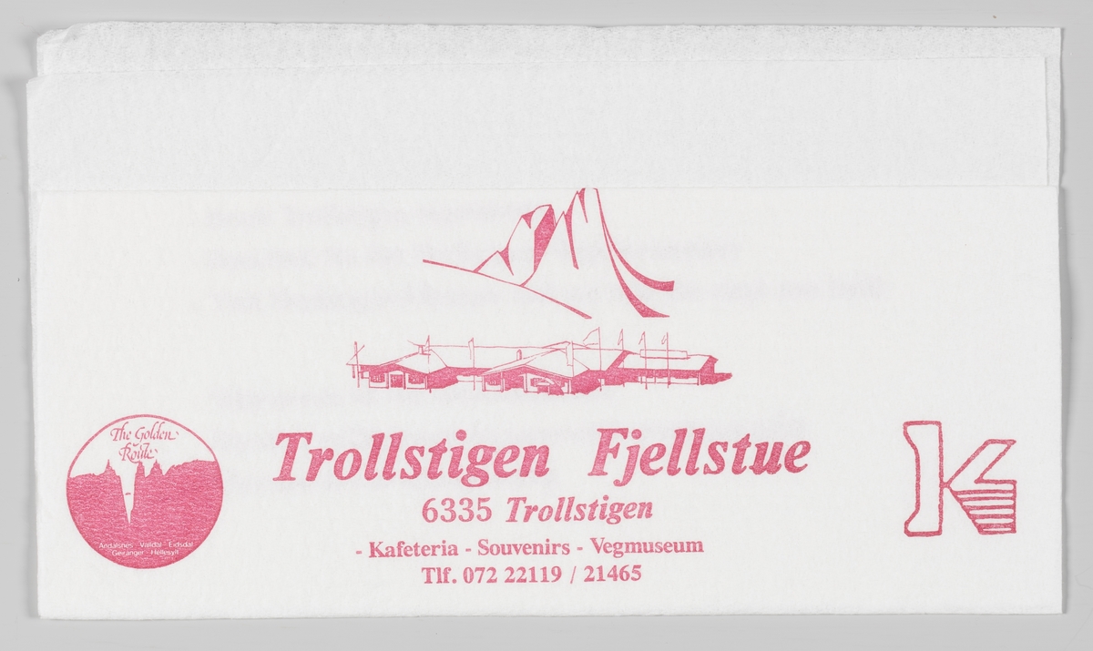 Et fjell og en tegning av Trollstigen Fjellstue ved Trollstigen.

Samme reklame på MIA.00007-004-0275.