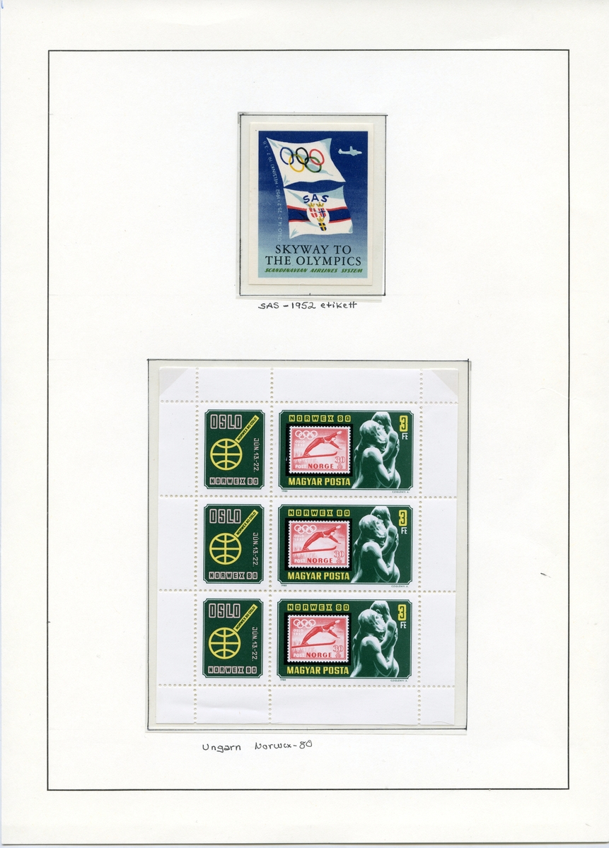 A4-ark med et klistremerke som viser det olympiske flagget sammen med et SAS-flagg fra 1952.
Den nedre delen av arket har en blokk med 3 frimerker og 3 klistremerker. Frimerkene er ungarske og er produsert i forbindelse med frimerkeutstillingen Norwex i Oslo, 1980. Motivet et norsk olympisk frimerke (NK-nr. 408) fra 1952 på mørkegrønn bakgrunn, ved siden av en skulptur av en voksen person med et barn. Klistremerkene viser logoen for frimerkeutstillingen Norwex i 1980.
