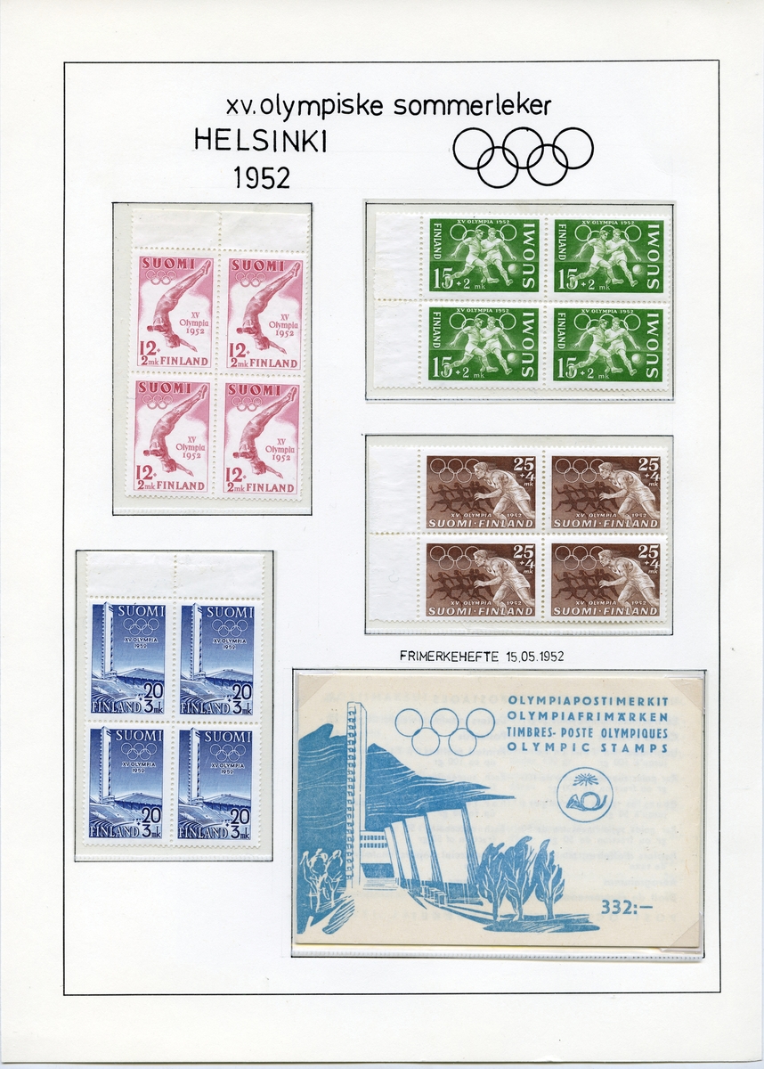 A4-ark med fire blokker av fire frimerker fra sommer-OL i Helsinki 1952, alle med de olympiske ringer. De røde frimerkene har bilde av en stuper, de grønne viser to fotballspillere, de brune viser en sprinter, og de blå viser Olympiastadion. Nederst på siden er det limt inn et frimerkehefte med priser på flere språk.