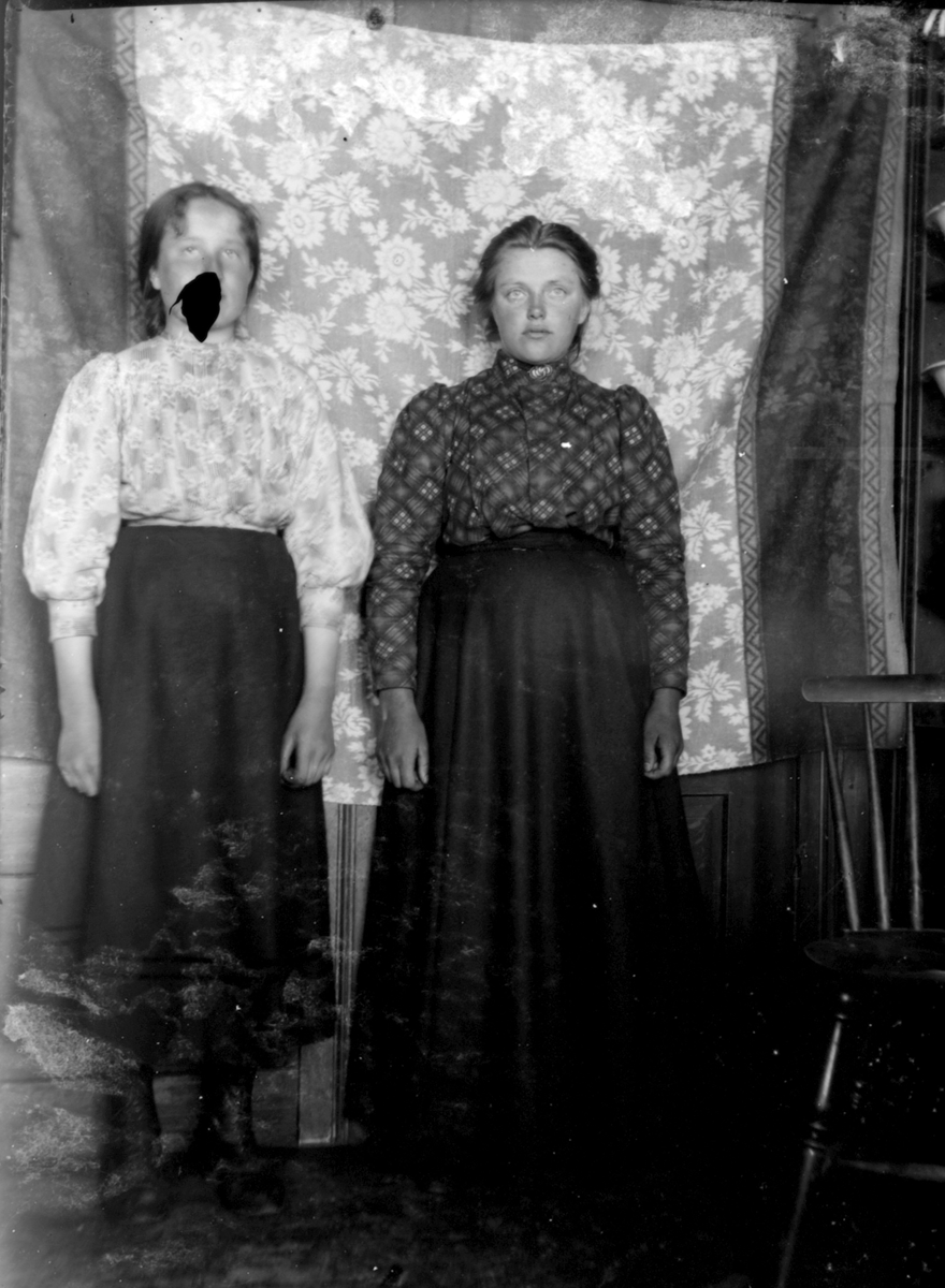 Fotoarkiv etter Aanund Olavson Edland. Portrett av to unge kvinner i bluse og sidt skjørt.