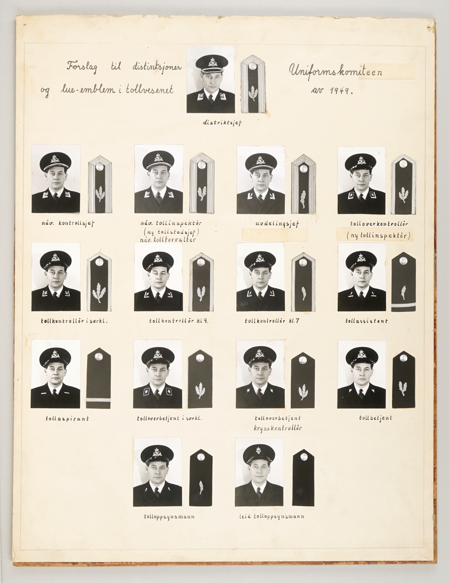 Plansje med fotografier av forslag til distinksjoner og lue emblem fra Uniformskomiteen av 1949