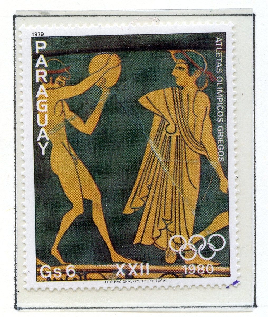 Ni store frimerker montert på et albumark i A4-størrelse. Motivene på på frimerkene er hentet fra greske antikke vaser og viser ulike øvelser fra de klassiske olympiske lekene.