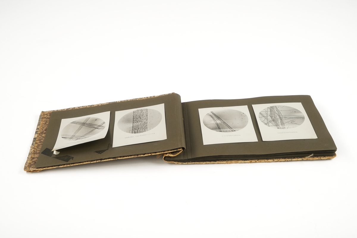Bok inneholdende fotografier av mikroskopbilder av ulike tekstilfibre med navn. Èn side med tre ulike behandlinger av lingarn, festet med binders
