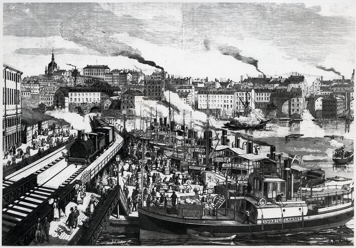Stockholmsbild: En förmiddag Vid Mälarhamnen. Teckning av G. Broling.
Loket passerar på högbron det som tidigare kallades "Kötttorget", på sträckan mellan (Södra) Mälarstrand och Riddarholmen.