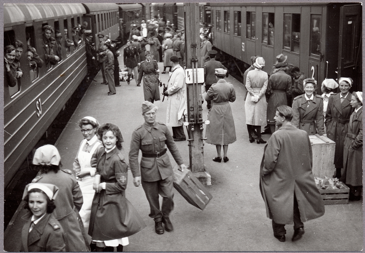 Krigsfångar som anlänt till Trelleborg, för vidare transport till Göteborg.