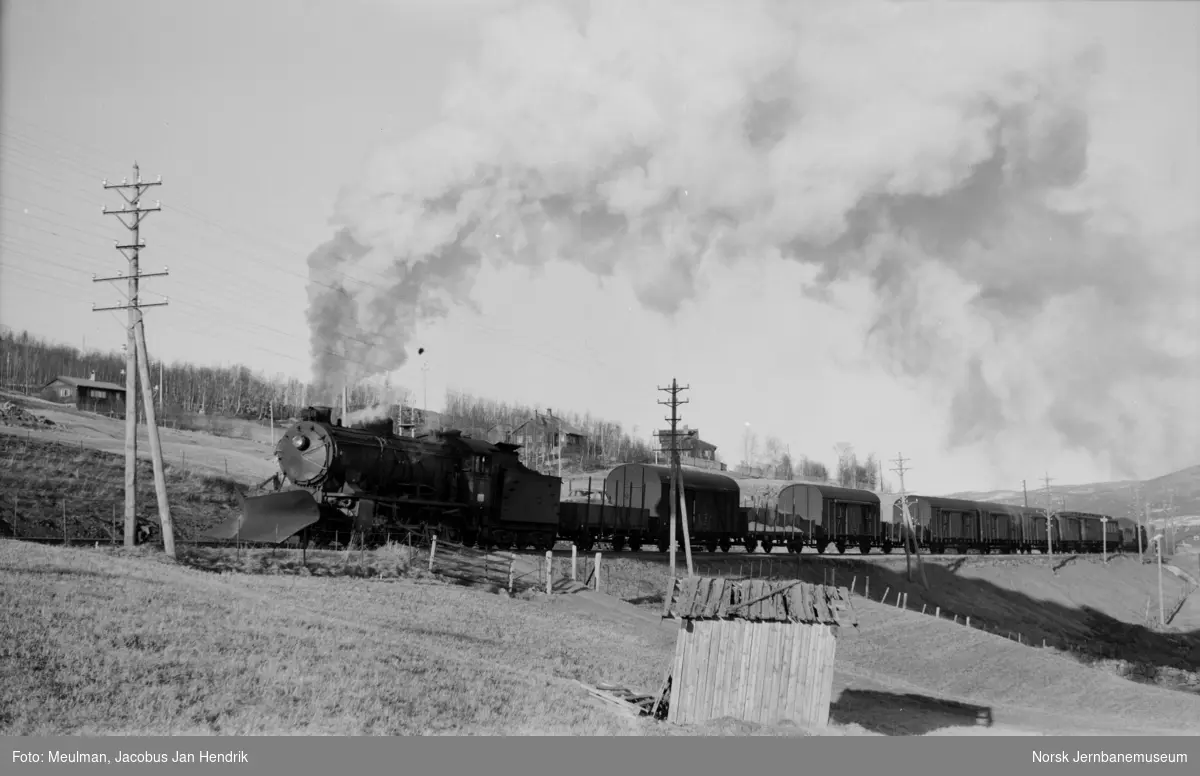 Damplokomotiv type 39a nr. 168 med underveisgodstoget fra Hønefoss til Voss, tog 5531, kjører ut fra Geilo stasjon.