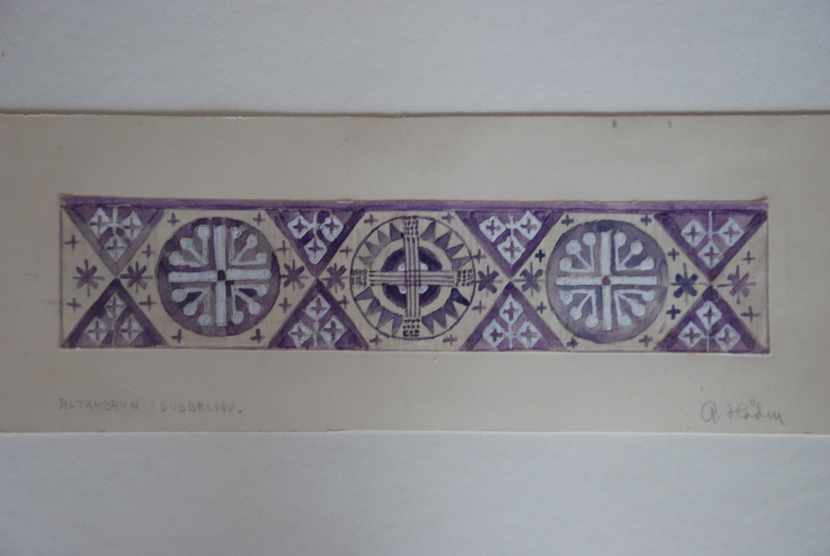 Förslag till kyrkliga textilier (mässkrud, antependium, altarbrun) för Hammerdals kyrka, Jämtland. Komponerade av Anna Hådell.