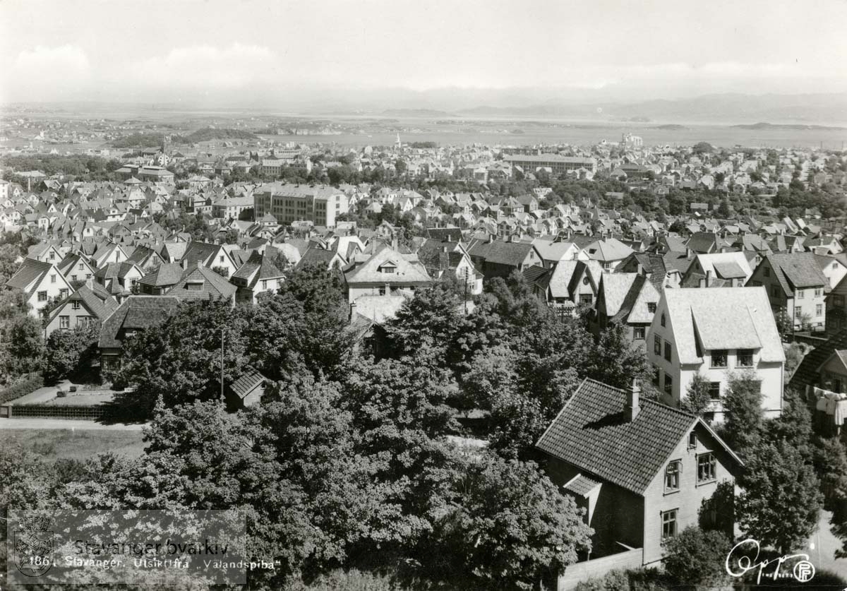 Utsikt fra Våland, mot Våland skole, St Svithun skole i bakgrunnen