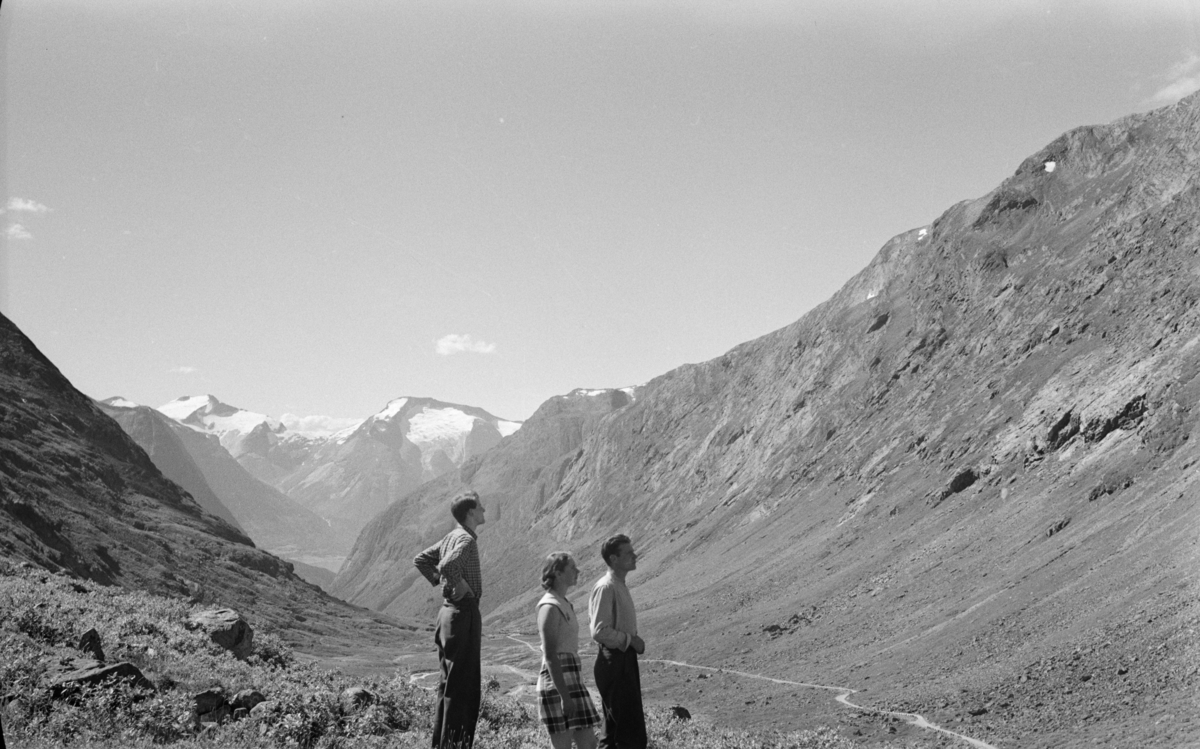 Parti antakelig fra Vestlandet, tre personer ser på utsikten, antakelig langs veg fra Østlandet til Vestlandet