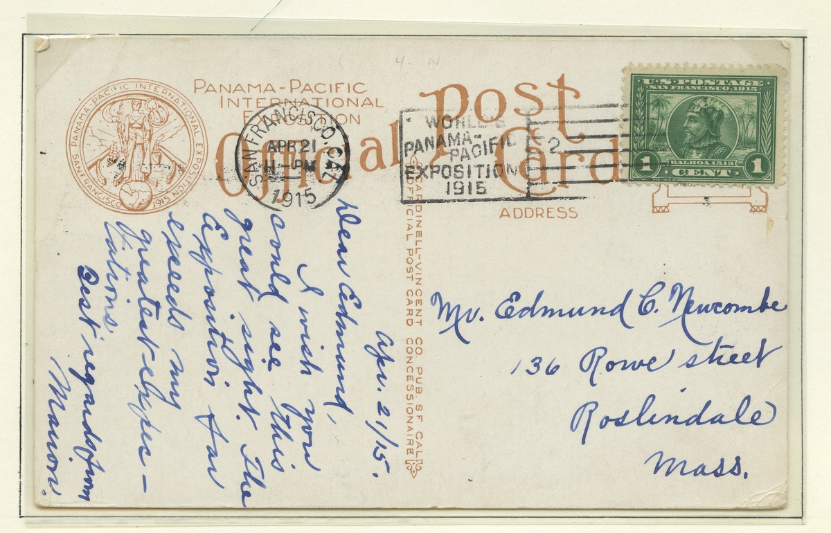 To postkort, ett som er frankert med et grønt frimerke med portrett av Balboa, spansk oppdagelsesreisende og det andre postkortet er frankert med et rødt frimerke som viser Panamakanalen, og har klistremerke nederst i venstre hjørne som viser en kvinne med en globus ved siden av seg, og en kvist.
