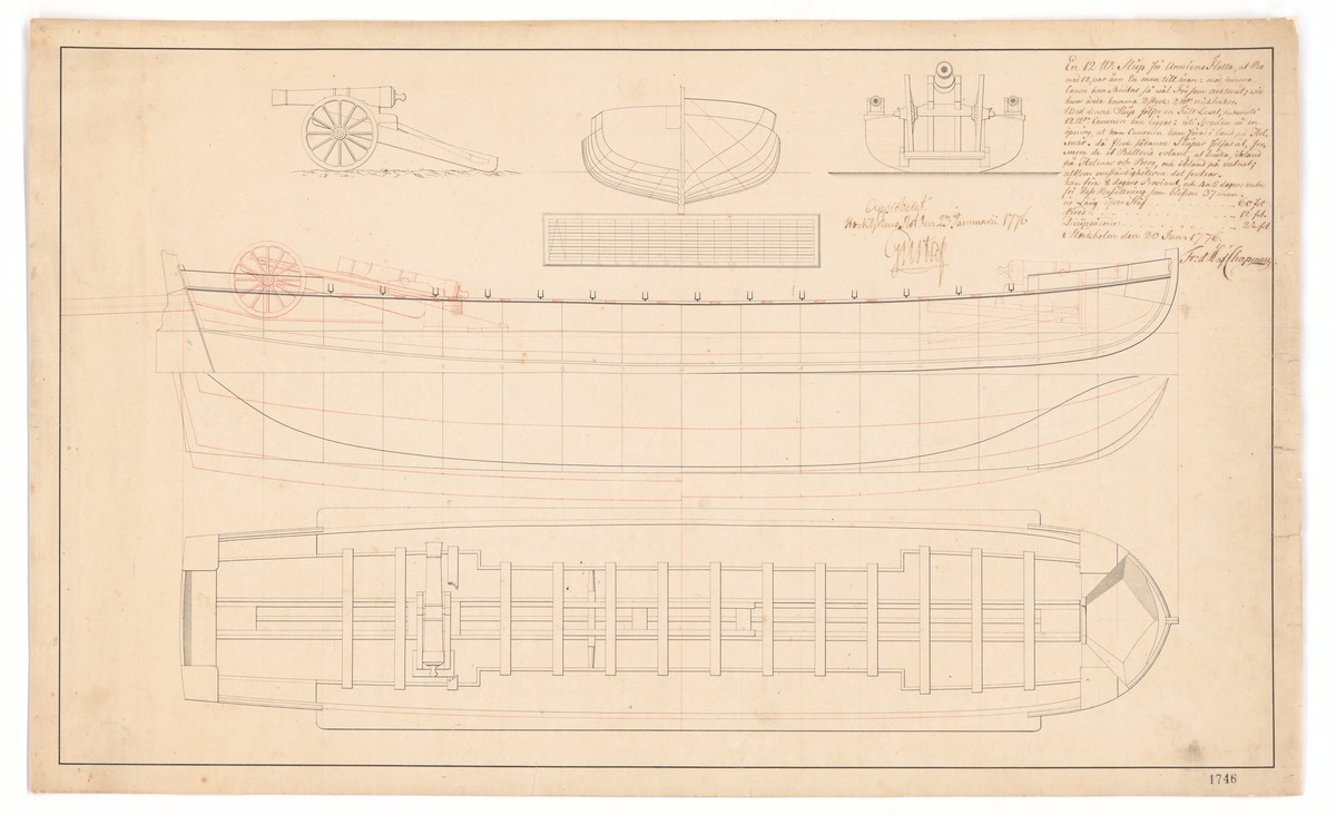 Landstigningskanonslup av 1776 års typ. Profil, plan, spant samt kanon.