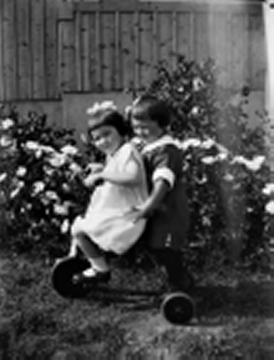 Två små flickor på en trehjuling vid en blomstrande rabatt - en trampar och den andra står baktill. Båda är finklädda med rosetter i håret.