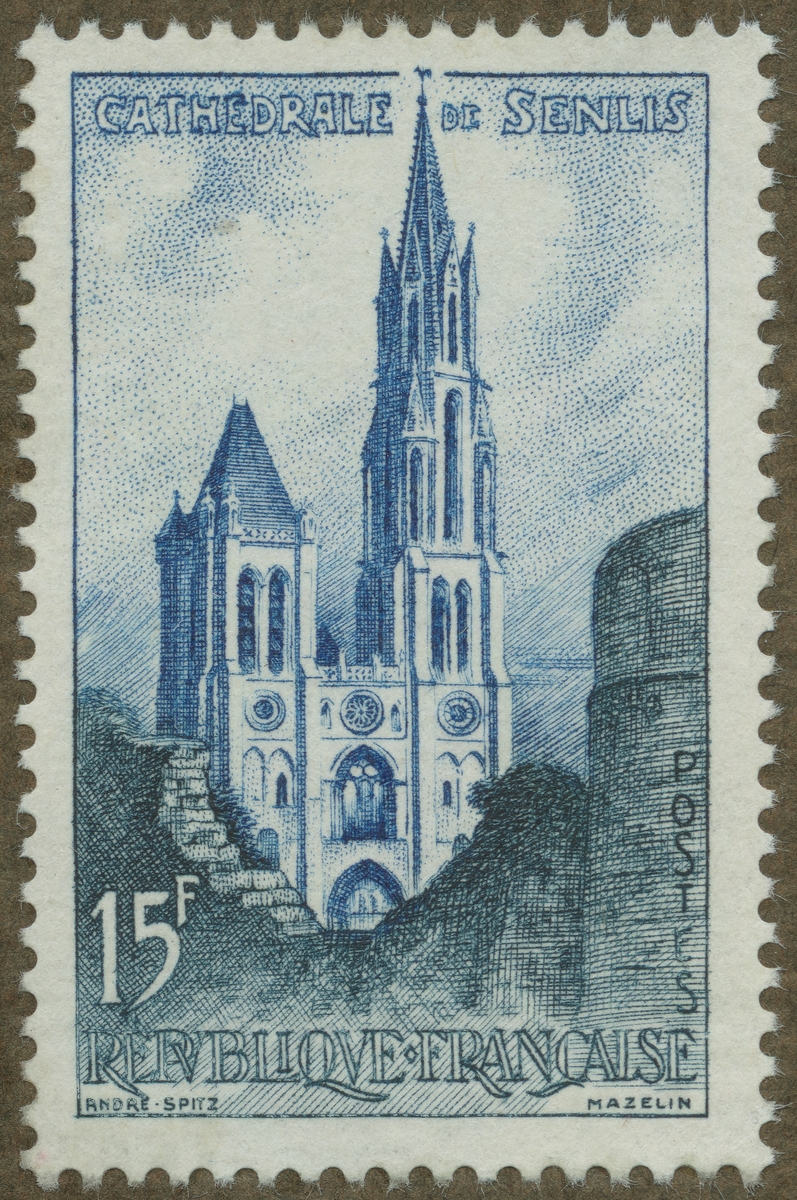 Frimärke ur Gösta Bodmans filatelistiska motivsamling, påbörjad 1950.
Frimärke från Frankrike, 1958. Motiv av Katedralen i Senlis.