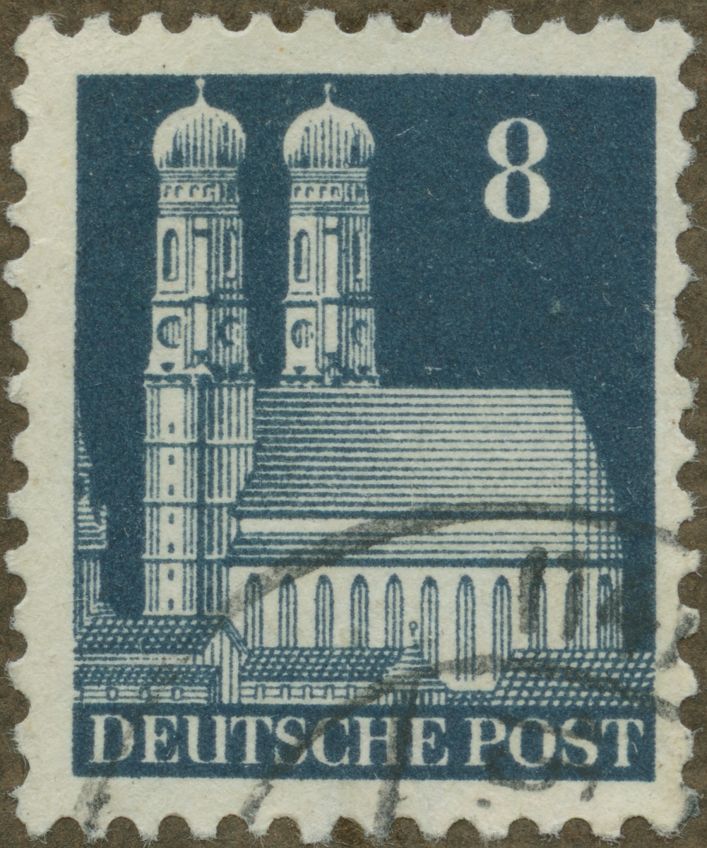 Frimärke ur Gösta Bodmans filatelistiska motivsamling, påbörjad 1950.
Frimärke från Västtyskland, 1948. Motiv av Mariekyrkan i München.