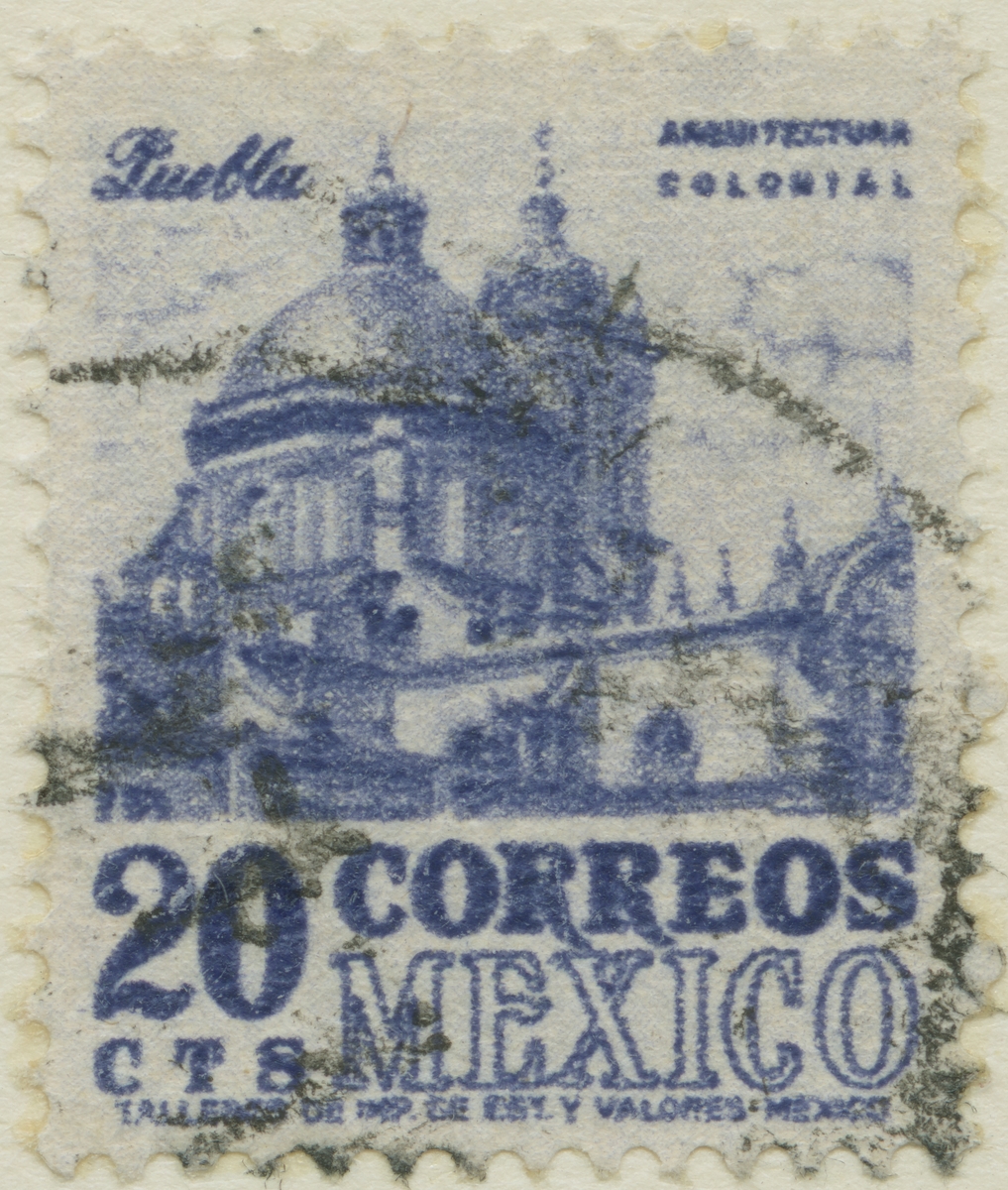 Frimärke ur Gösta Bodmans filatelistiska motivsamling, påbörjad 1950.
Frimärke från Maxico, 1950. Motiv av kyrkan i Puebla.