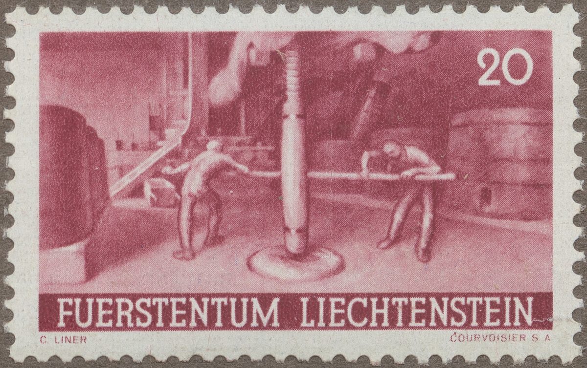 Frimärke ur Gösta Bodmans filatelistiska motivsamling, påbörjad 1950.
Frimärke från Liechtenstein, 1941. Motiv av gammaldags vinpress.