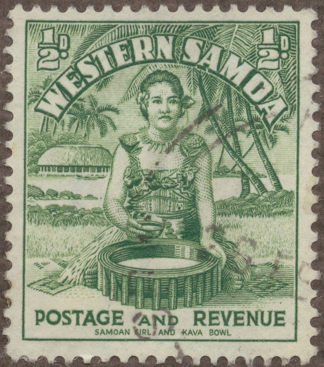 Frimärke ur Gösta Bodmans filatelistiska motivsamling, påbörjad 1950.
Frimärke från Samoa, 1935. Motiv av Kava-kavaberedning på Samoa.