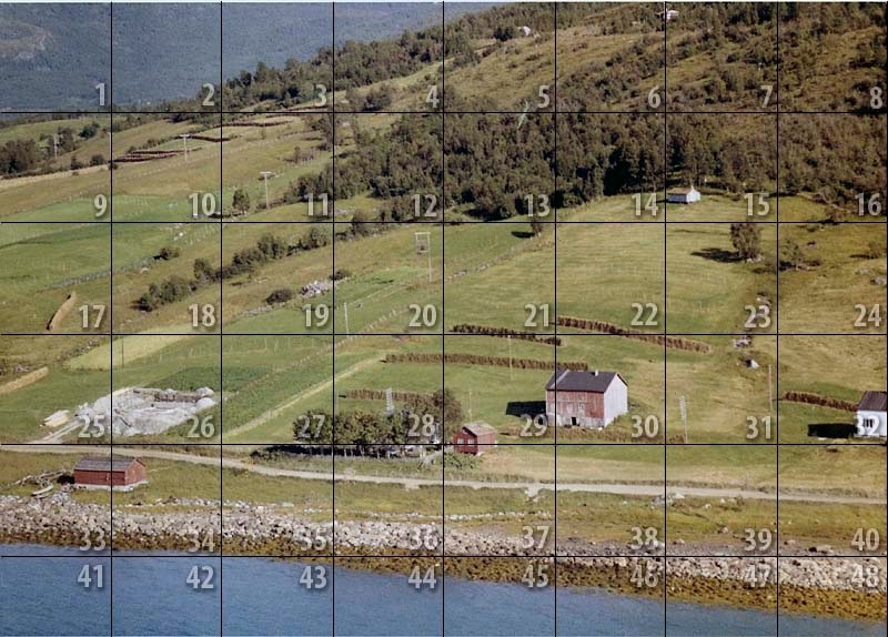 Nystad. For rutenett se bilde 2. Felt 28-30 er gården Våreng, først eid av Johan Antonsen, overtatt av Helga og Bruno Brink.