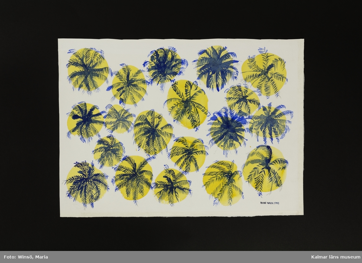 Mönster med blå palmer på runda gula solar. Titel: "Palmsol".