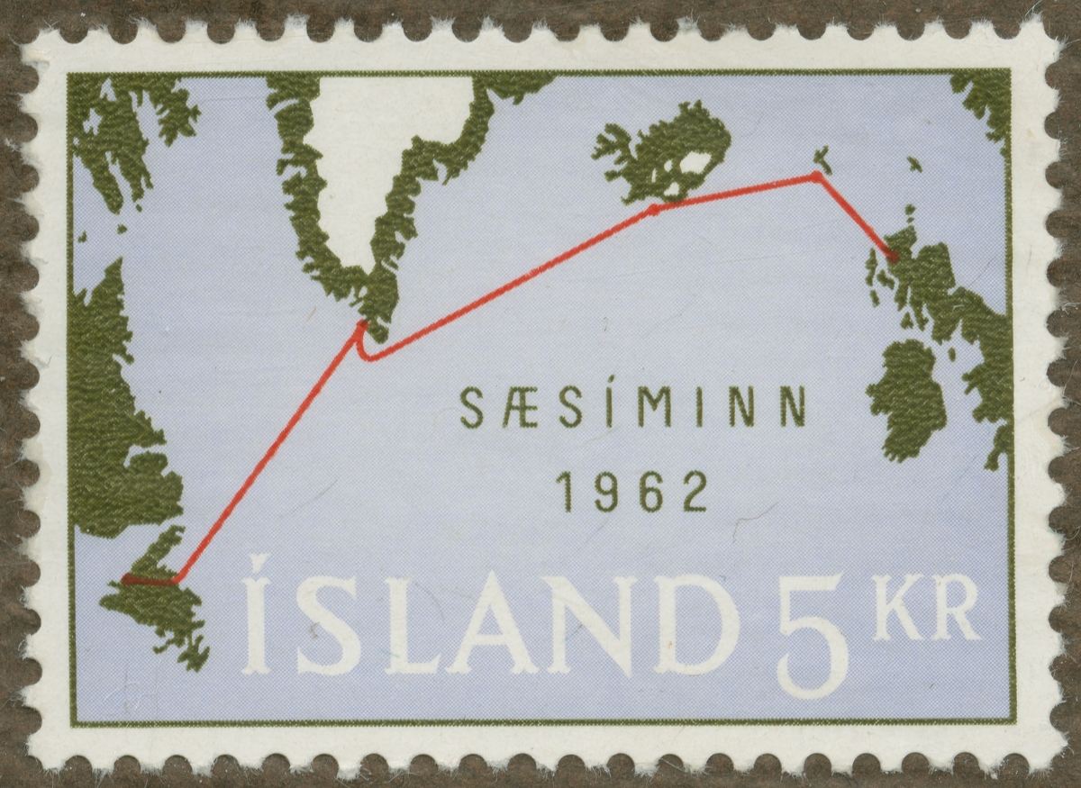 Frimärke ur Gösta Bodmans filatelistiska motivsamling, påbörjad 1950.
Frimärke från Island, 1962. Motiv av karta över Island, USA och Europa med telefonkabelnät öppnat 1962.