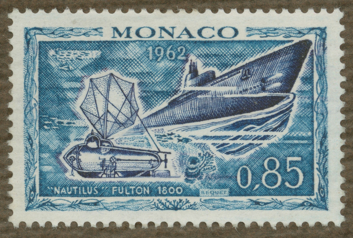 Frimärke ur Gösta Bodmans filatelistiska motivsamling, påbörjad 1950.
Frimärke från Monaco, 1962. "Havsforskningsserie".