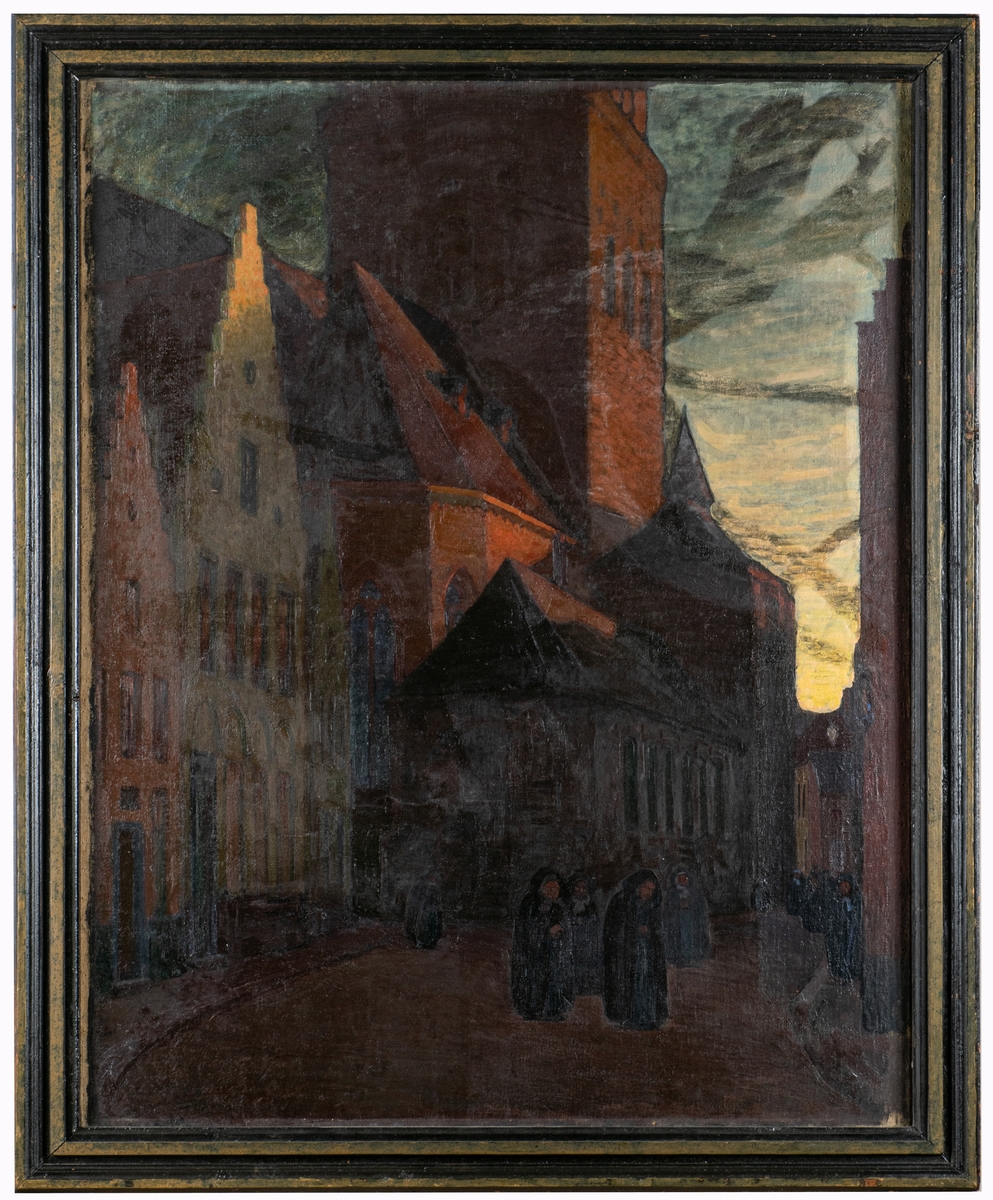 Motiv från Brügge där Swedlund vistades 1898-1899. Några nunnor i förgrunden. Troligen originalram.