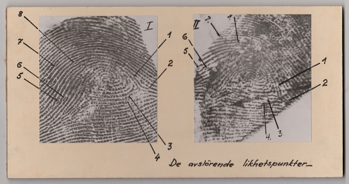 Tre fotokopier, en brevkopi. Foto fra etterforskningen, signalementsfoto av drapsmennene og bevisfoto av fingeravtrykk.