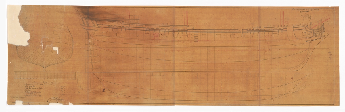 Spantruta, konstruktionsritning i profil och plan till 40-kanonersfregatt av BELLONA-klass.