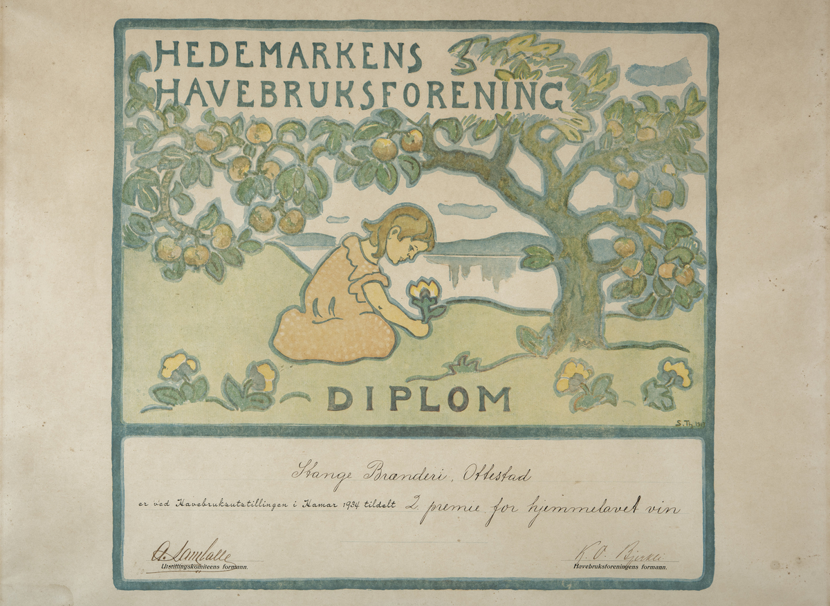 Diplom til Stange Brænderi (Atlungstad brenneri) fra Hedemarkens Havebruksforening. Brenneriet ble i 1934 tidelt 2. premie for hjemmelaget vin. 
