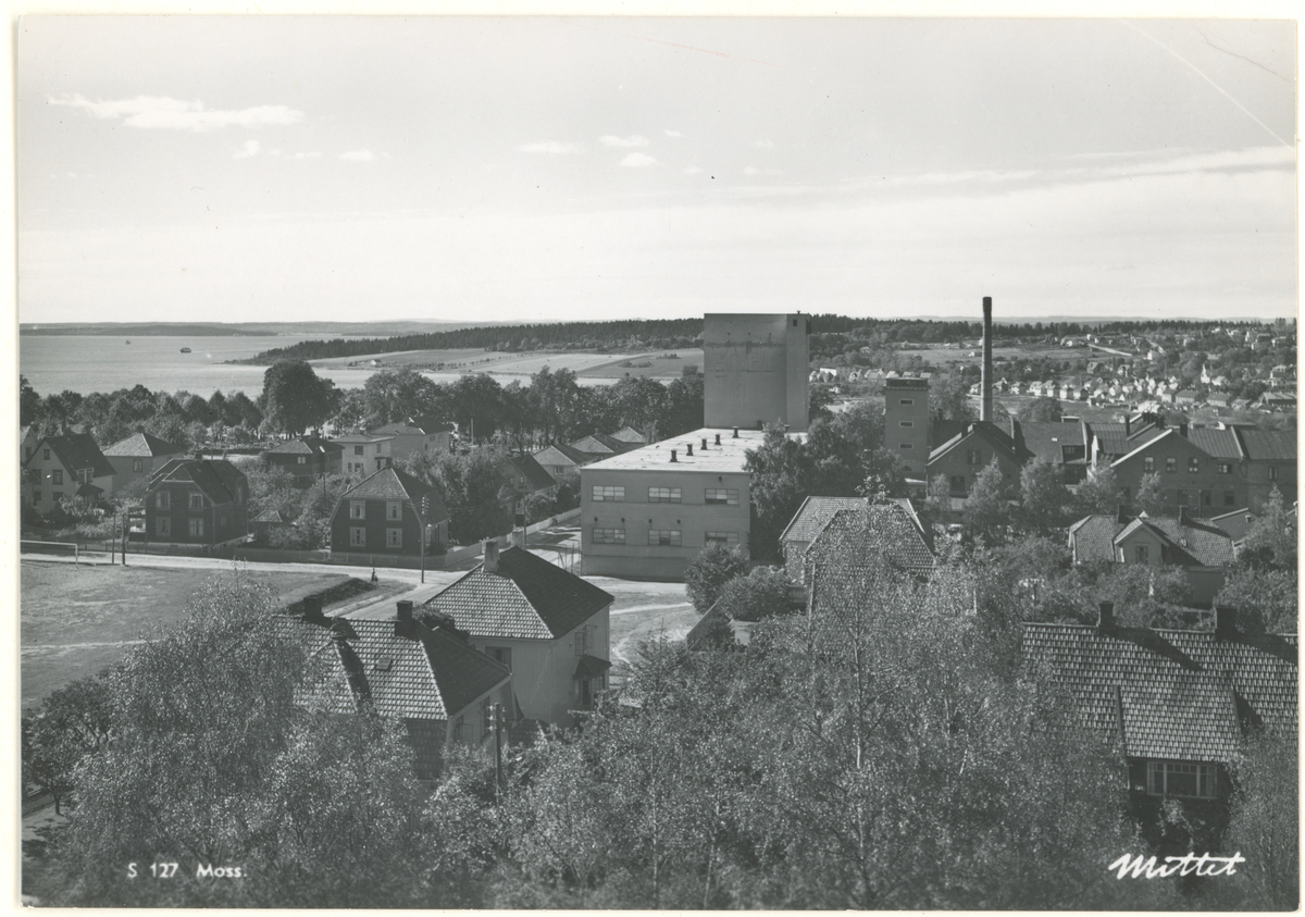 Fotograf har stått i bytårnet.
Detaljer: Fjellveien, Skolegata, Helly Hansen, Moss kirkegård.
Historikk: Postkort. Bytårnet ble oppført i 1920. 
