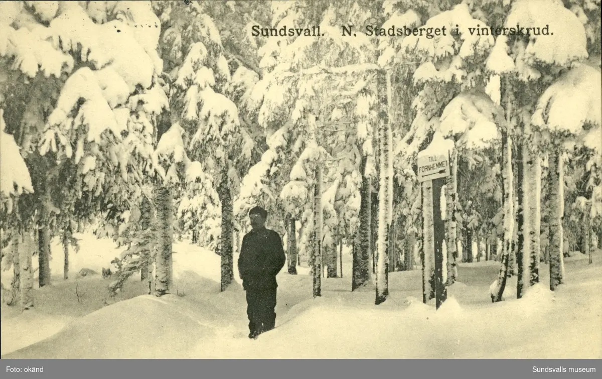 Vykort med motiv över Norra Stadsberget i vinterskrud.