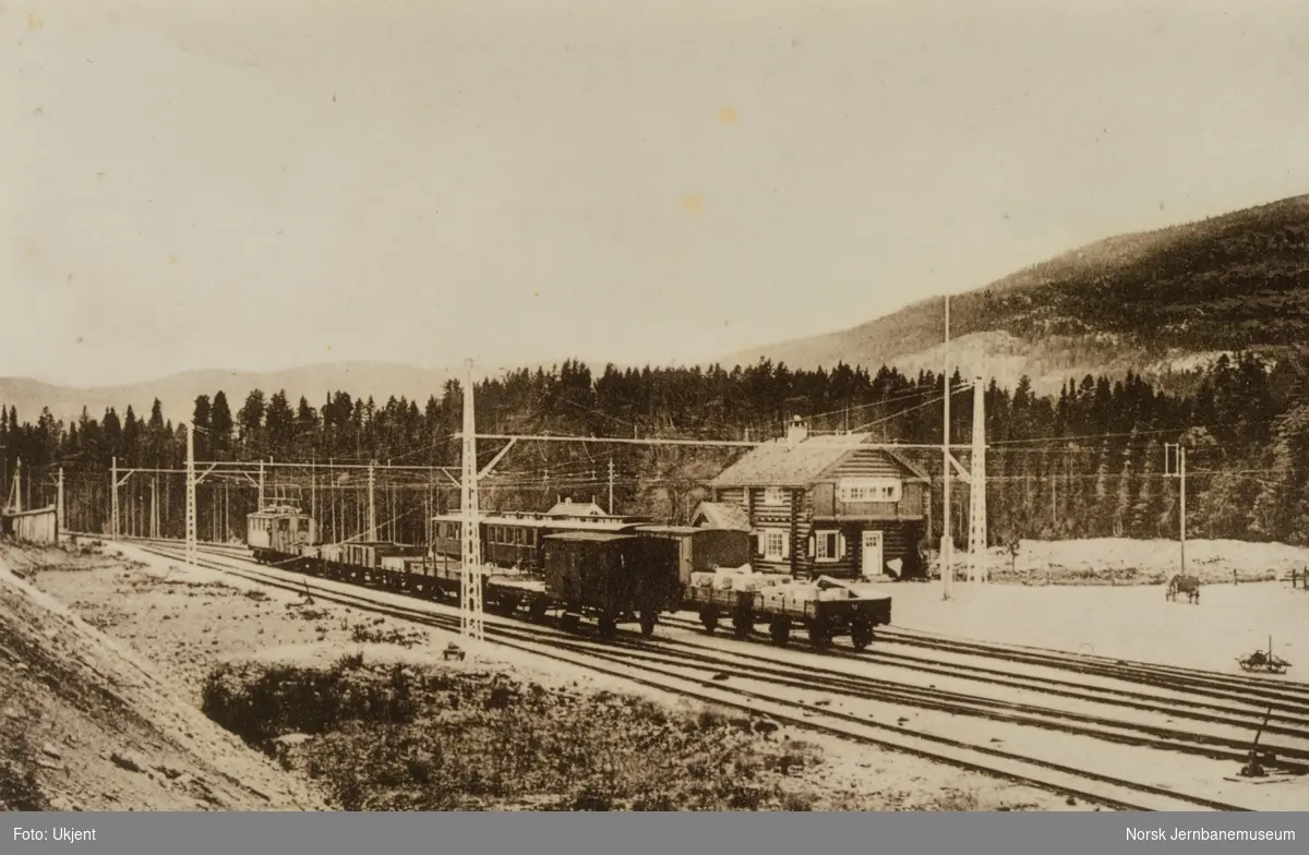 Rjukanbanens elektriske lokomotiv nr. 1-4 eller 7-8 med godstog i spor 2 og persontog i spor 1 på Tinnoset stasjon