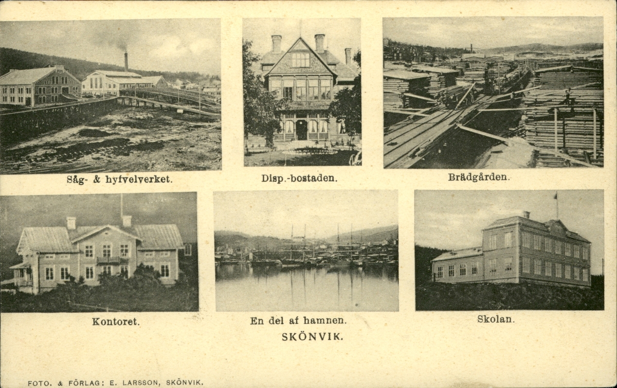 Vykort med motiv av infällda bilder över såg och hyvelverket, Disponentbostaden, Brädgården, kontoret, Hamnen och skolan vid Skönvik.