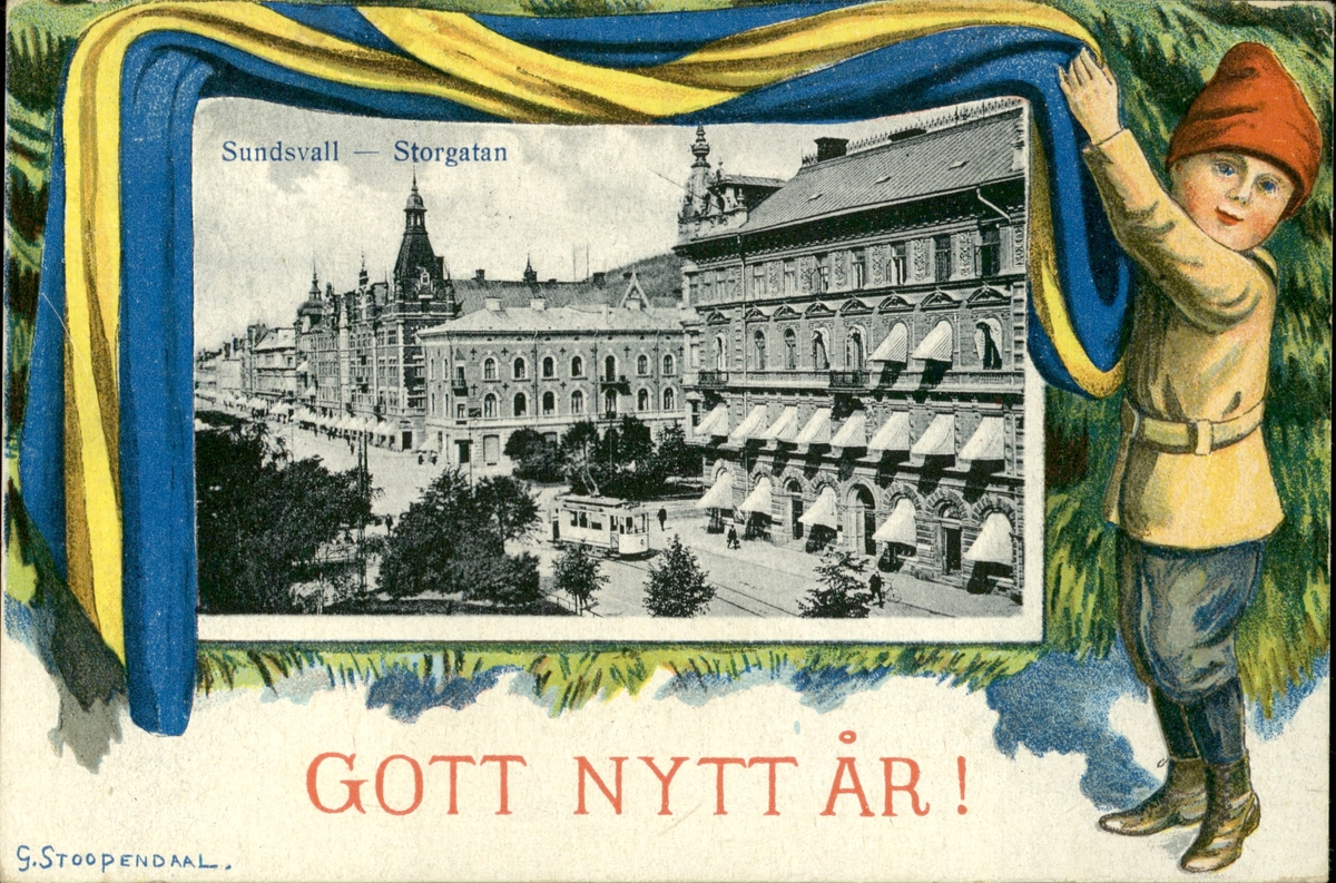 Vykort med motiv över en pojke med en infälld bild av Storgatan i Sundsvall med texten: Gott Nytt År.