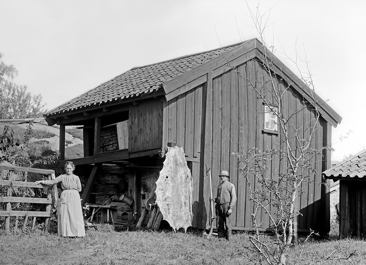 Fotografen Durlings bildtext lyder: "Dövstummera", Harstena 1915. Så kallades Gottfrid Olofsson och hans syster Selma. "Dövstummen" har plockat ut ett torkat sälskinn och en gammal mynningsladdare ur sin loftbod. Selma stödjer sig mot det höga staket som skulle hindra äppelknyckare.