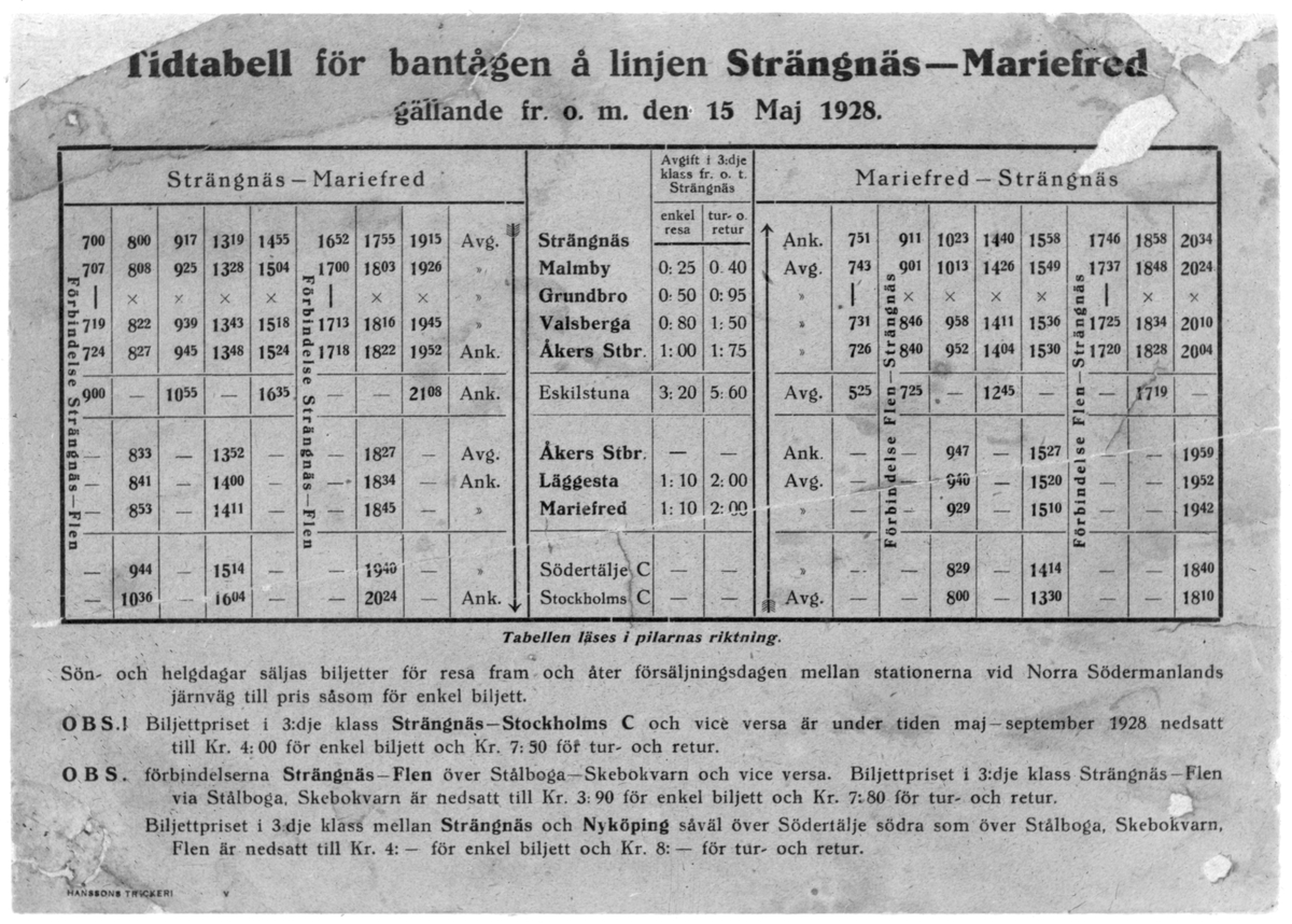 Tidtabell för bantågen på linjen Strängnäs - Mariefred gällande från och med den 15 maj 1928.