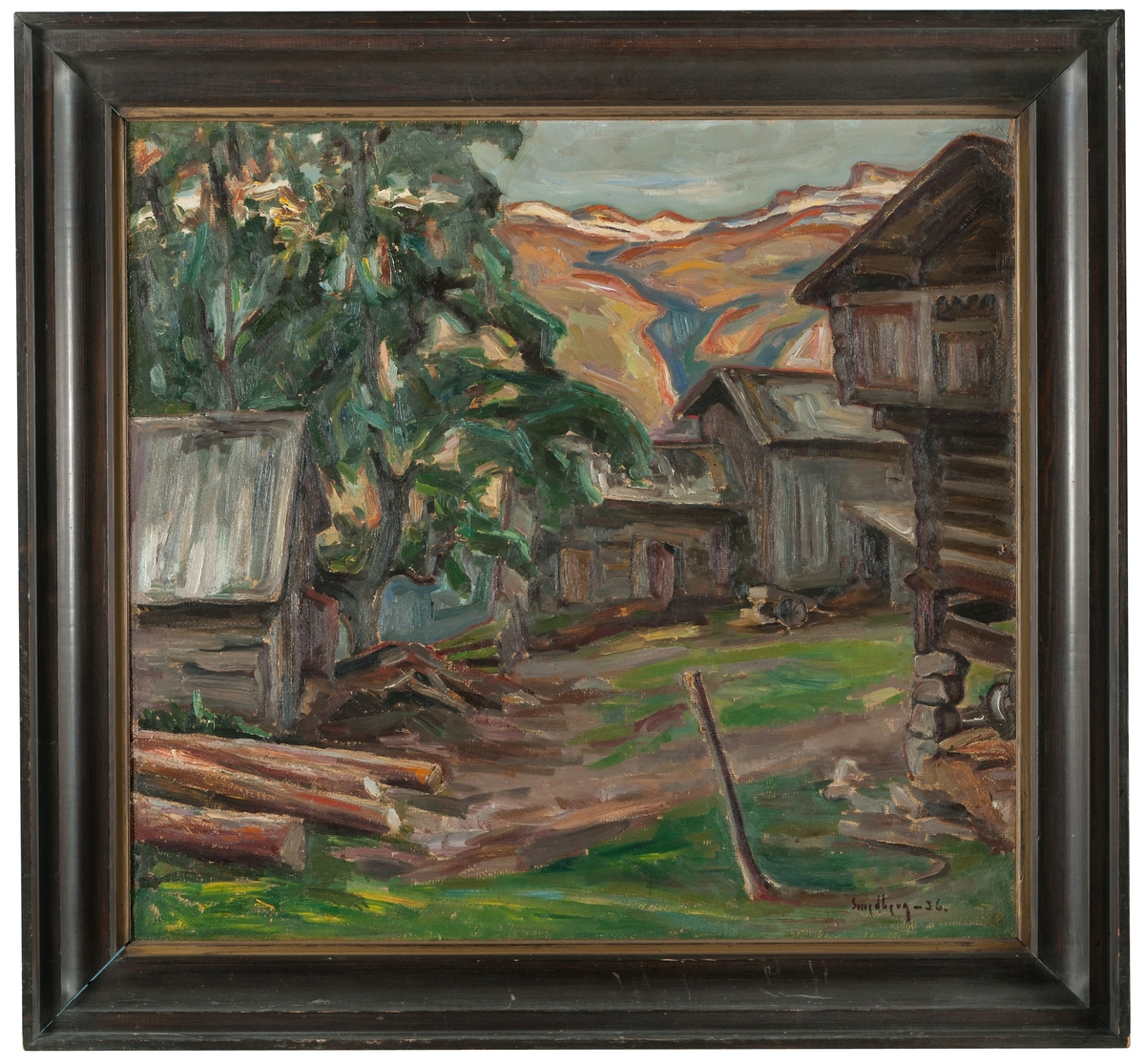 Oljemålning av Fritz Smedberg. Gamla hus mot Skorve, Flatdal, Telemark i Norge 1936.