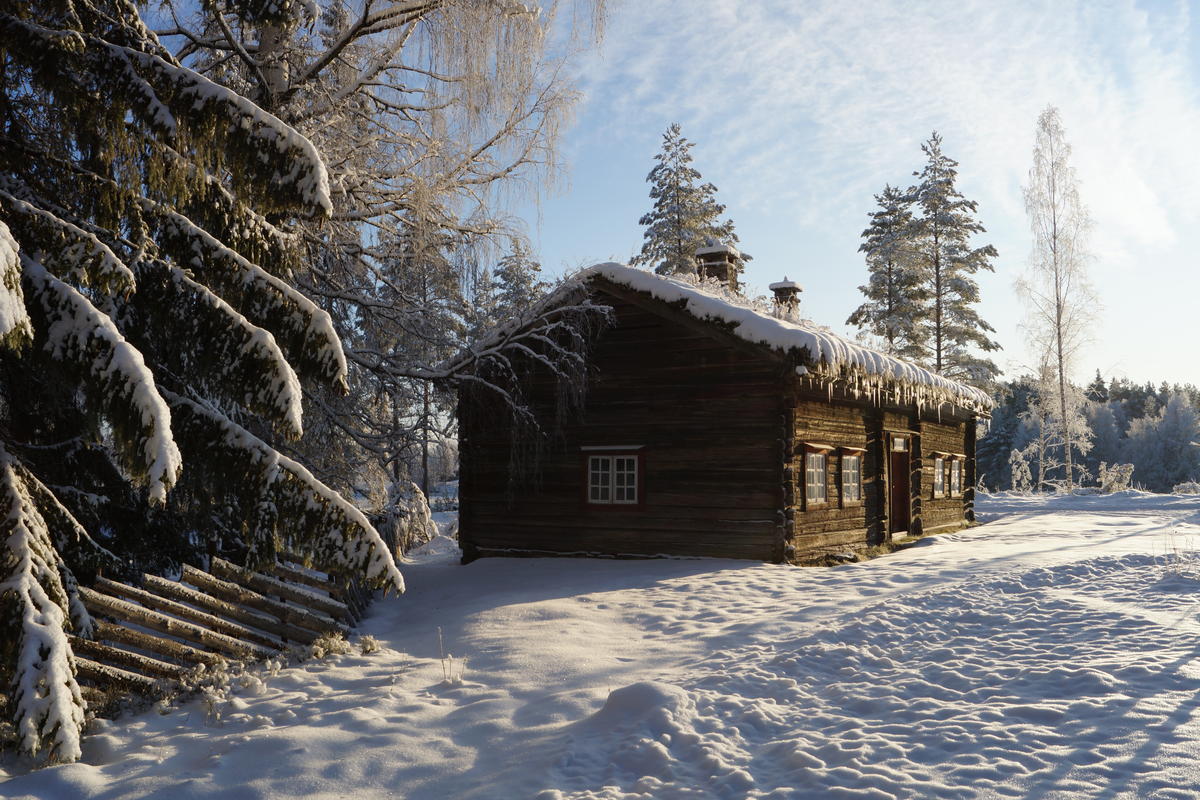 Dammenstua, et hus i museumsparken på Glomdalsmuseet, en solfylt vinterdag