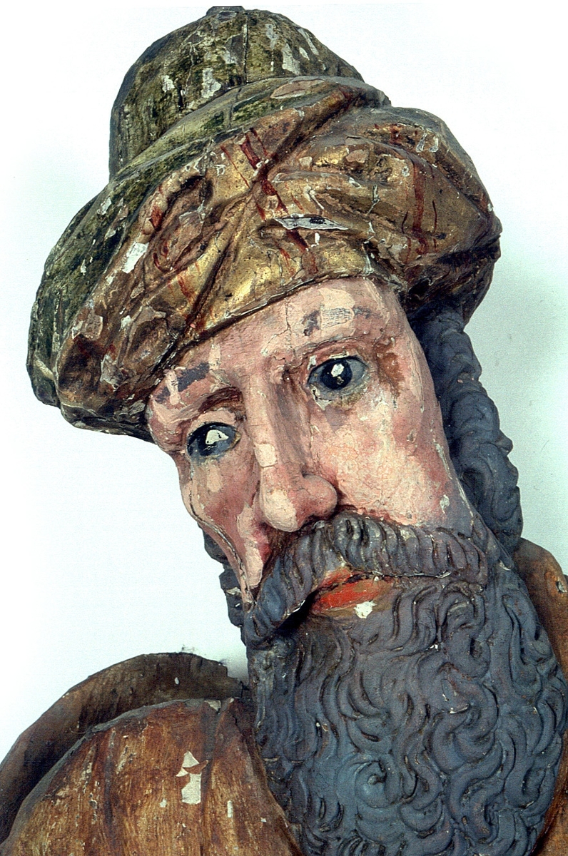Träskulptur föreställande aposteln Bartolomeus i Brahekyrkan på Visingsö, Jönköpings kommun.