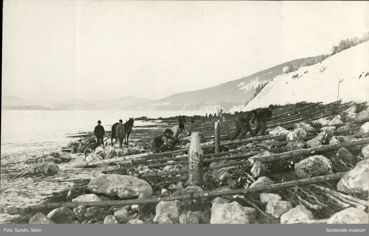 Vykort med motiv över ett flertal män som utför nödhjälpsarbeten i Ragunda 1922.