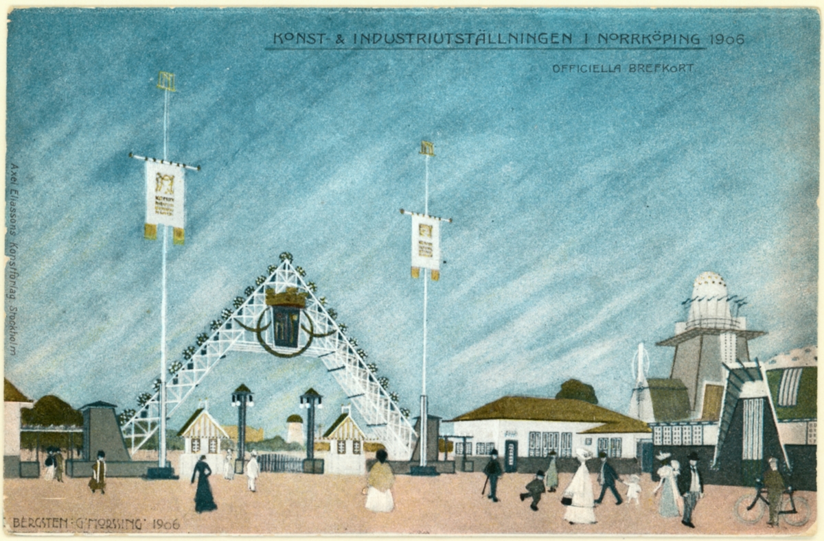 Vykort föreställande entrén till utställningsområdet under konst- och industriutställningen i Norrköping 1906.