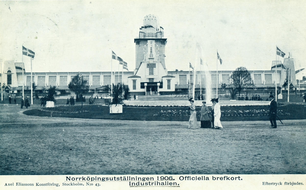 Vykort av industrihallen på Konst- och industriutställningen i Norrköping 1906.