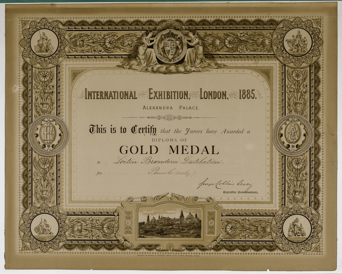 Gullmedalje gitt Løiten Destillation på internasjonal utstilling i London i 1885. 