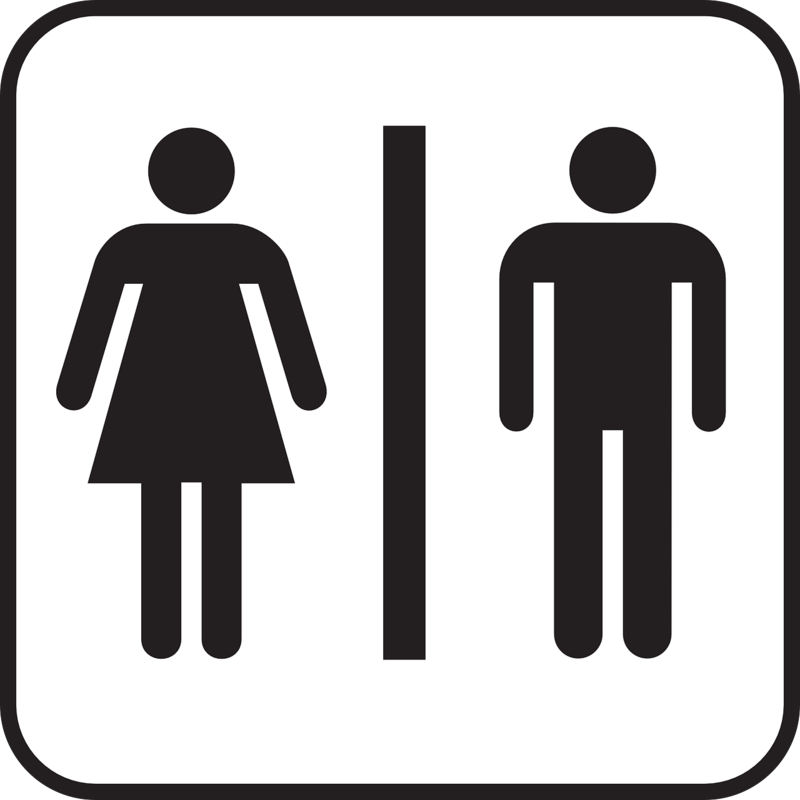 Toalettskilt; hvit bakgrunn og symbol for dame og mann i svart, atskilt med en svart strek